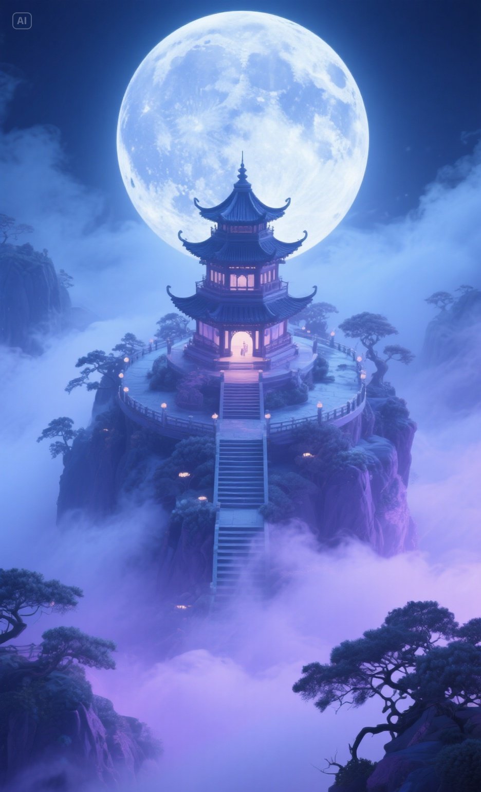 梦幻月色倾洒在东方古塔之上,云雾如轻纱般缭绕,古塔若隐若现,宛如