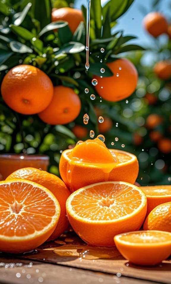 晶莹的水滴如碎玉般从橙黄鲜亮的果皮上飞溅而出,光影流转间,新鲜橙子
