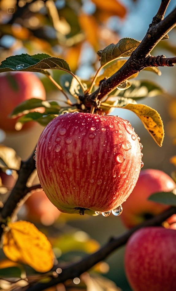 晨曦轻吻过的苹果裹着晶莹露珠,宛如大自然精心雕琢的甜蜜珍宝,清新