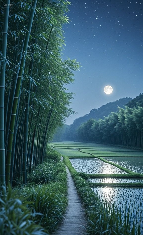 月亮升起来了,竹林轻语,灯火人家,我在稻田间的木栈道上走着,感受这