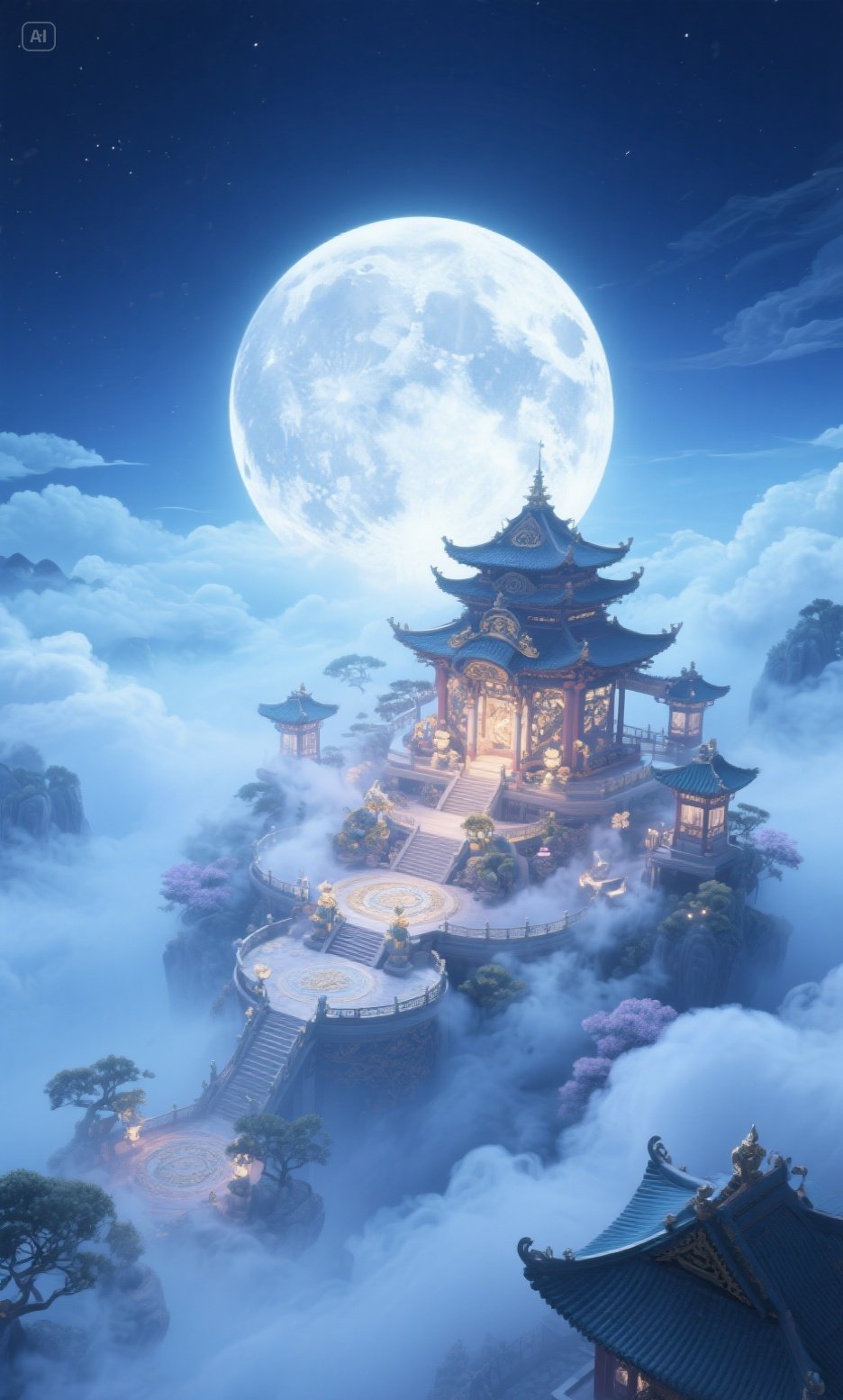 梦幻月色倾洒在东方古塔之上,云雾如轻纱般缭绕,古塔若隐若现,宛如