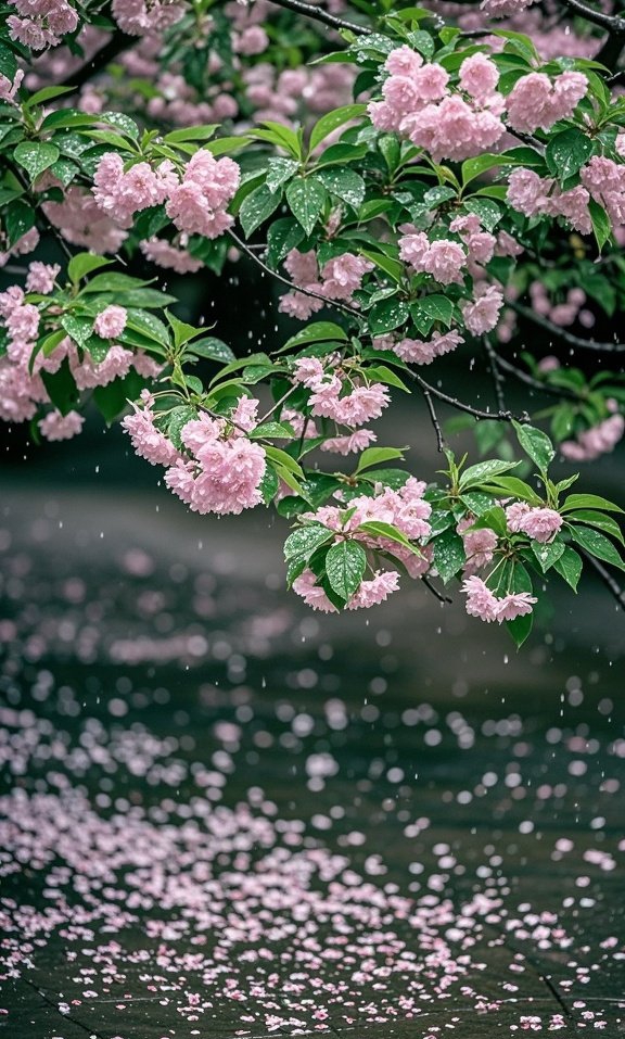 细雨如丝织就朦胧纱幕,粉白樱花簌簌坠入雨帘,花瓣