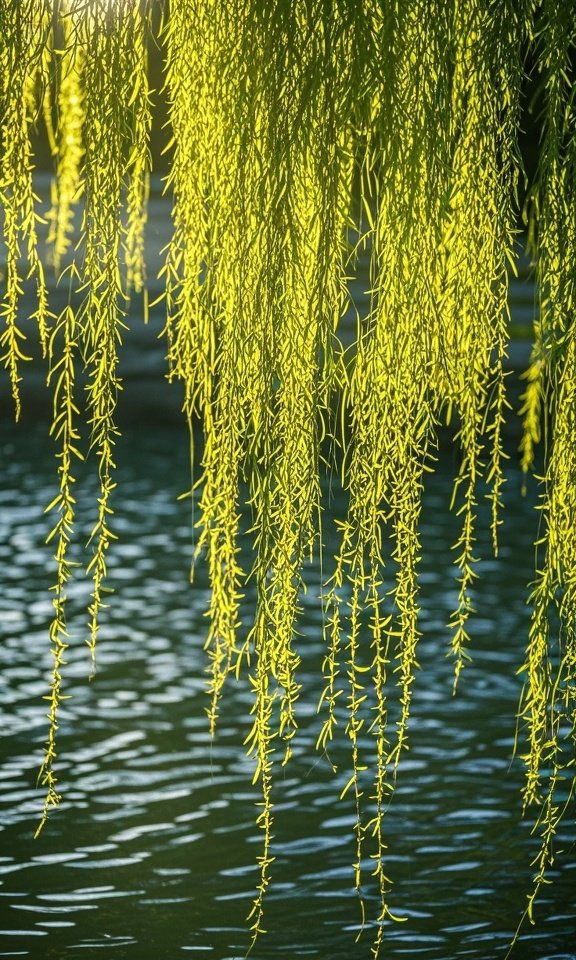 金色的阳光轻柔地倾泻在低垂的柳丝上,嫩绿的枝叶泛