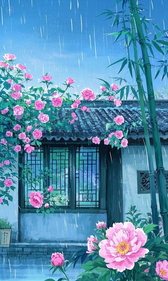 细密雨丝轻吻着娇艳的粉色玫瑰,花瓣上滚动的水珠折射出微光,在朦胧