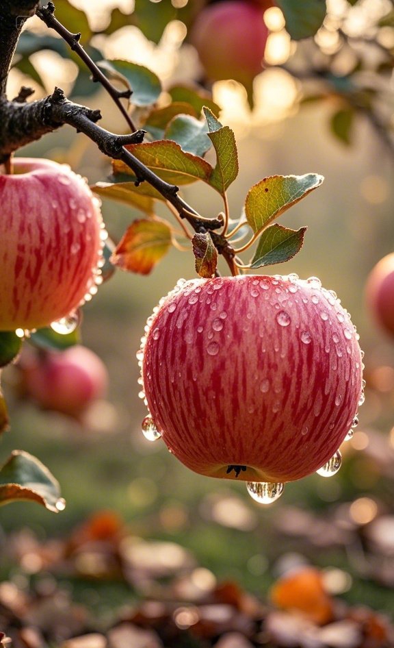 清晨的露珠还挂在苹果上,闪闪发光,仿佛在诉说一个清新的故事