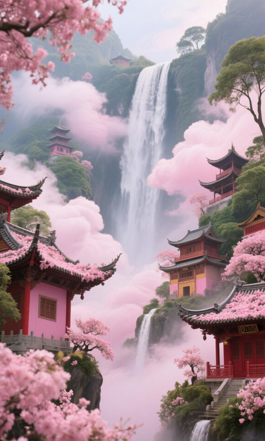 黛瓦静立其畔,粉樱簌簌飘落,交织成一幅空灵缥缈,恍若仙境的古风画卷