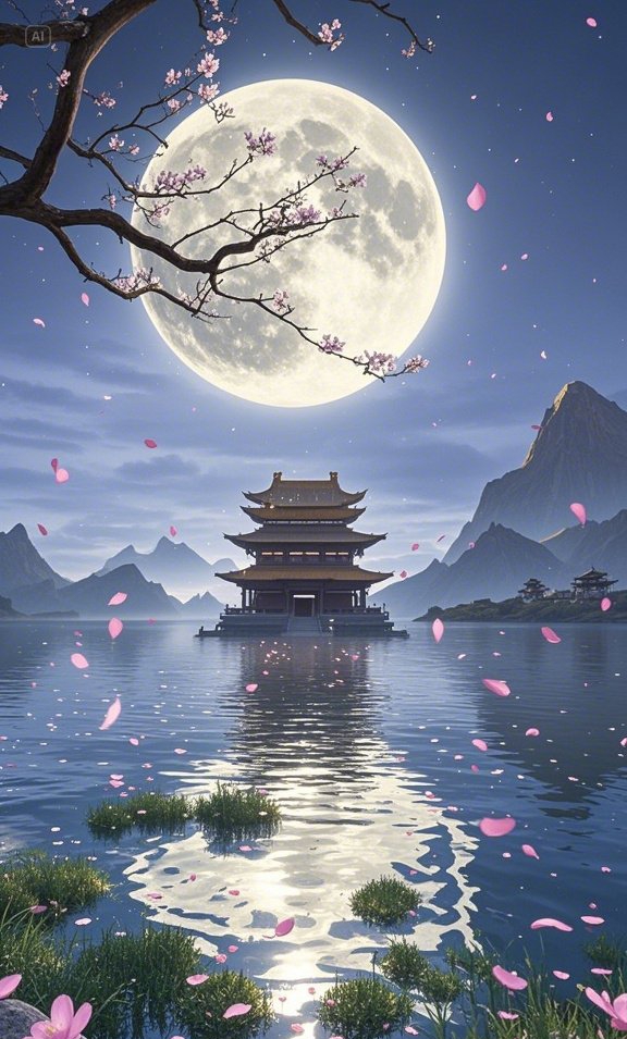 月华倾泻如银绸漫卷,粉白樱花簌簌纷飞,雕梁画栋的古风楼阁在朦胧月色