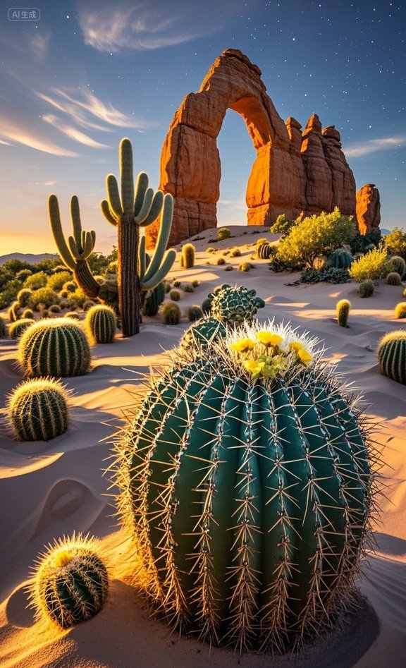 这沙漠风光美得像幅画,仙人掌开的花也太抢镜了吧!