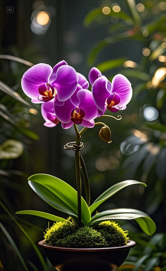 金色的阳光倾泻而下,紫色兰花舒展着绸缎般的花瓣,花蕊吐露着微光,将
