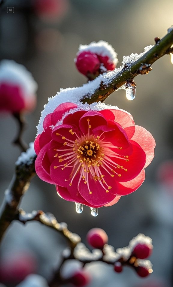 冬日暖阳倾洒,粉花破冰而出,于皑皑白雪间轻舞绽放,如梦似幻的景致美