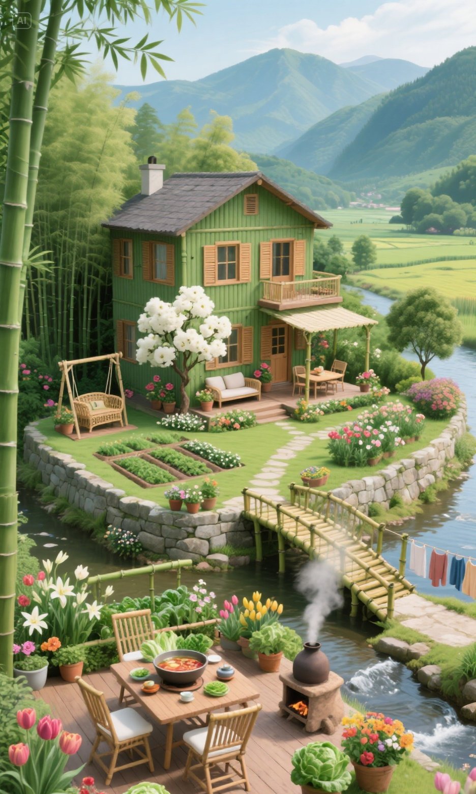 漫步于田园诗画般的乡村,绿意盈盈的花园繁花摇曳,温馨木屋炊烟袅袅