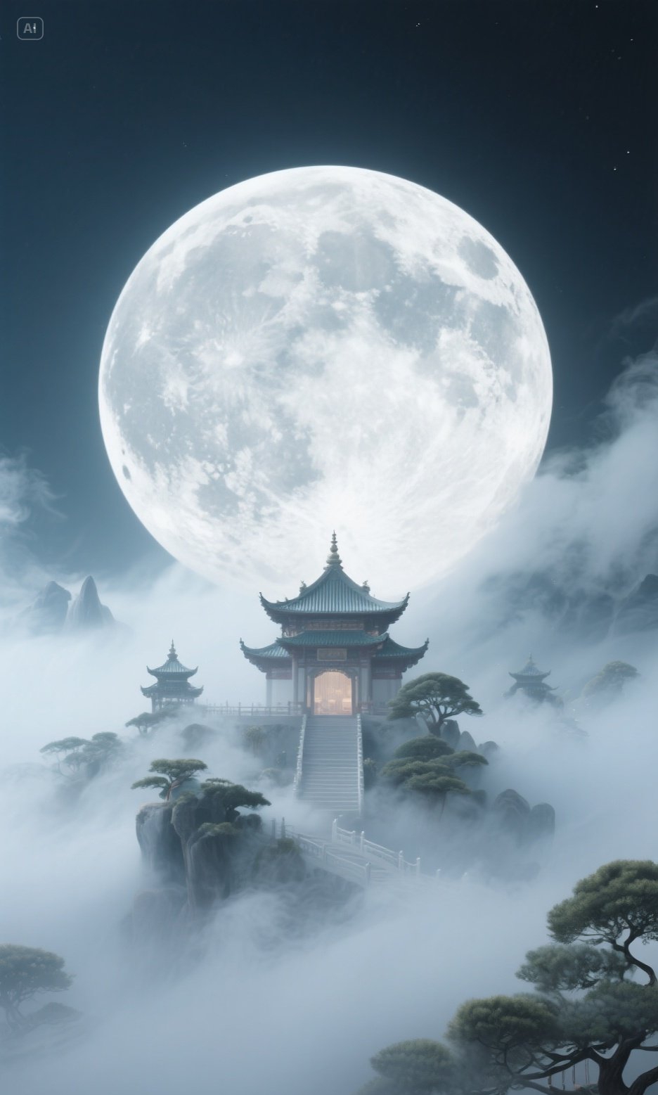 梦幻月色倾洒在东方古塔之上,云雾如轻纱般缭绕,古塔若隐若现,宛如
