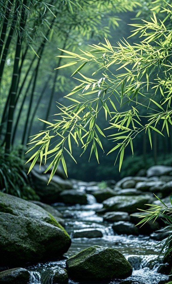 竹林深处,清幽静谧,唯有潺潺流水低语,在光影交错间,勾勒出一幅禅意