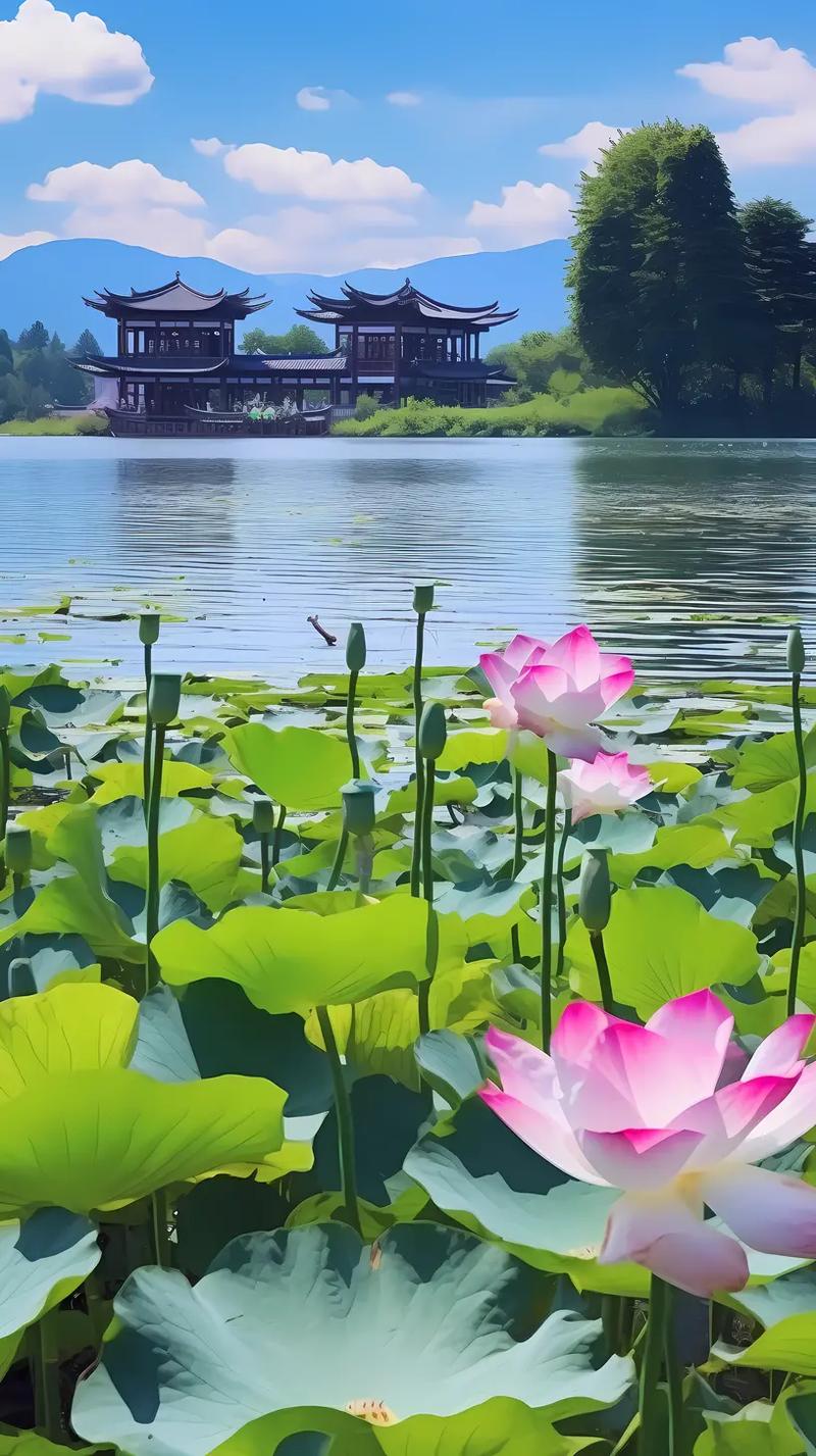 夏日湖边好风光,亭台楼阁倒影中.