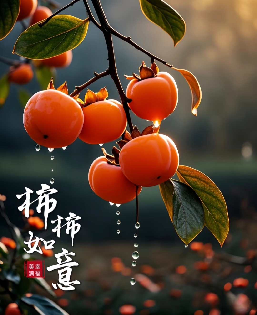 "柿"与"事"谐音,寓意事事如意,其成熟时的红色也代表着喜庆和吉祥