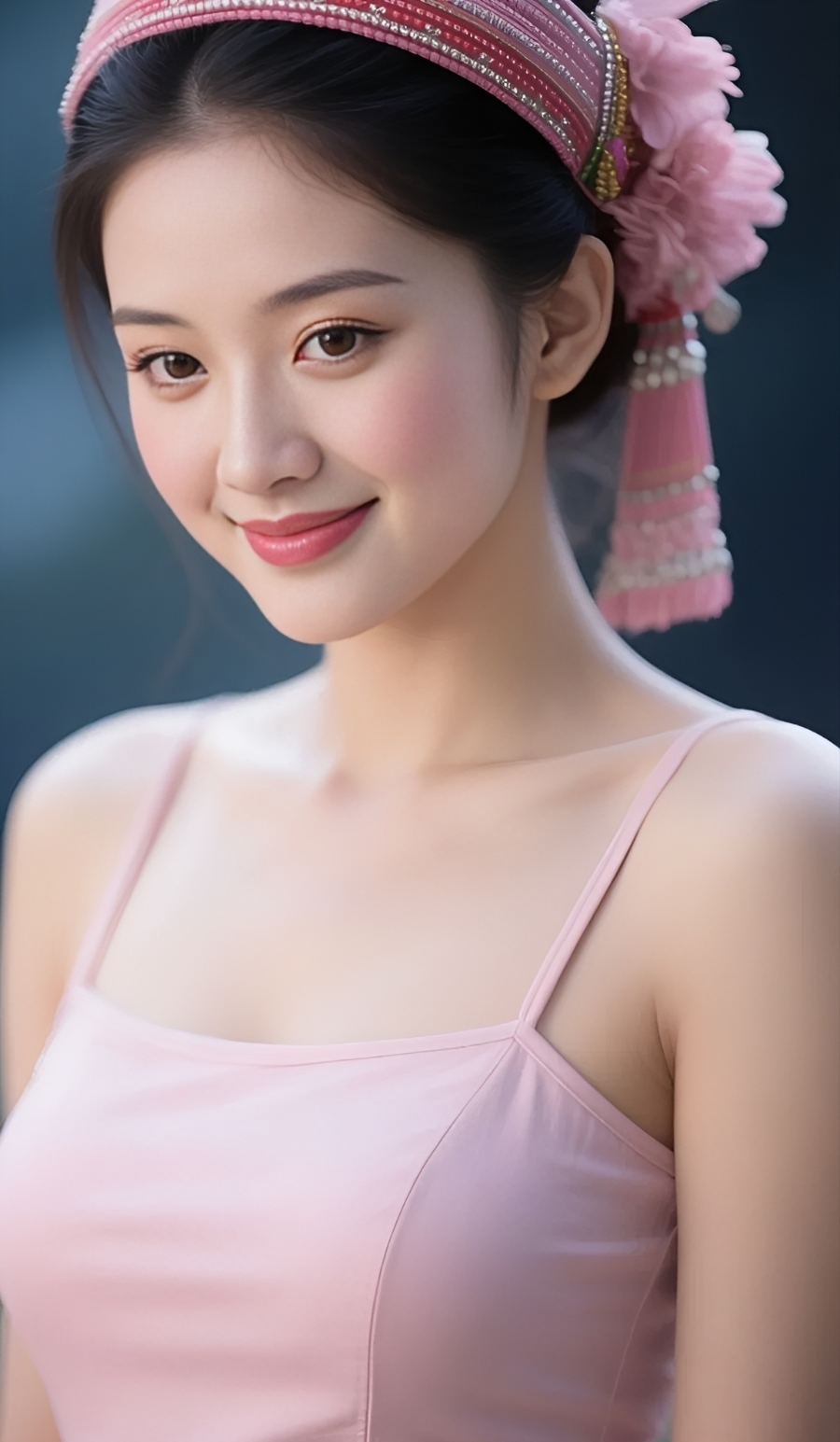 笑容甜美的女孩,粉色头饰与她肌肤相得益彰,宛如夏日的一抹清凉