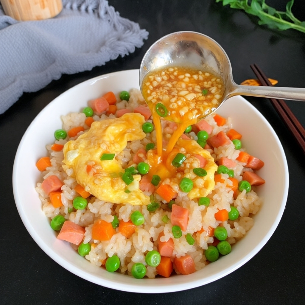 撒葱花颠锅的瞬间香味直冲青豆玉米粒煲仔饭高清图