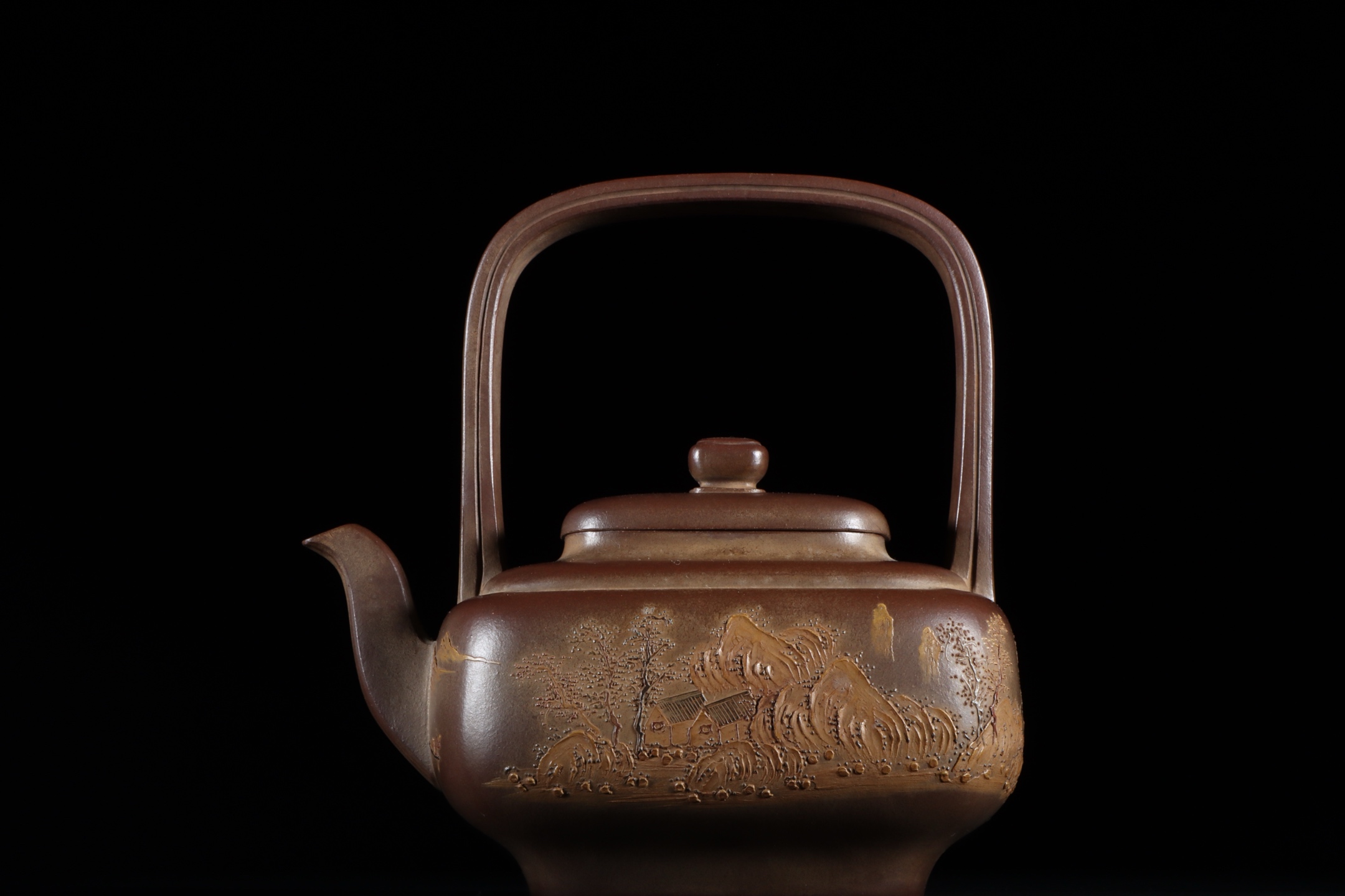 泥绘山水四方提梁紫砂壶 款识:史继长 清代 高 14×13.6cm