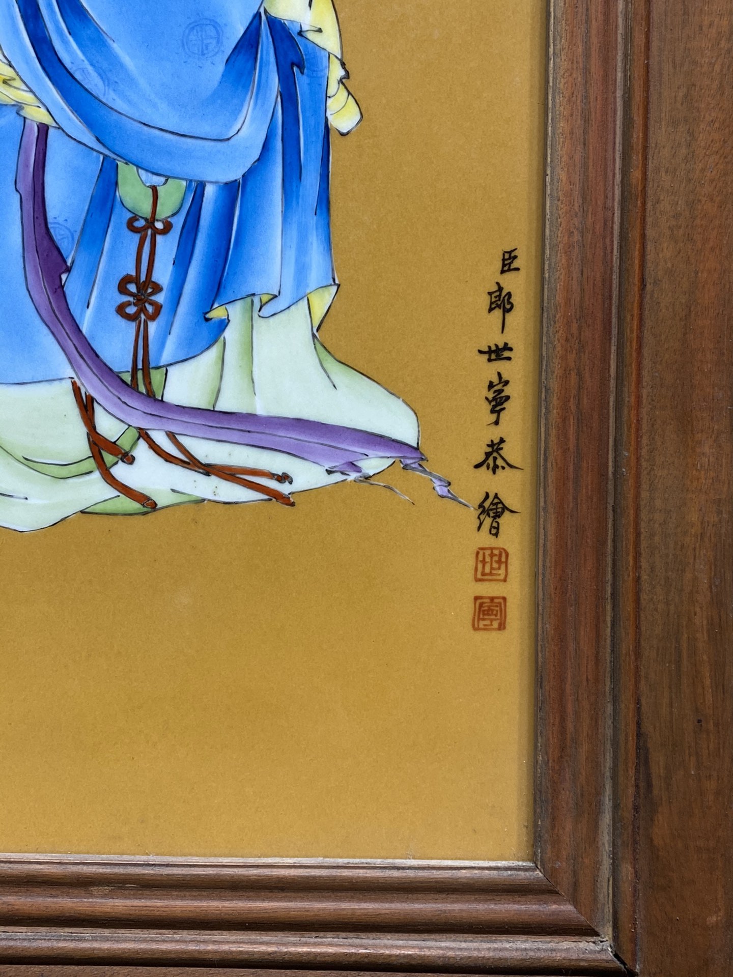 郎世宁作品红木镶瓷板画麻姑献寿图挂屏 高90厘米