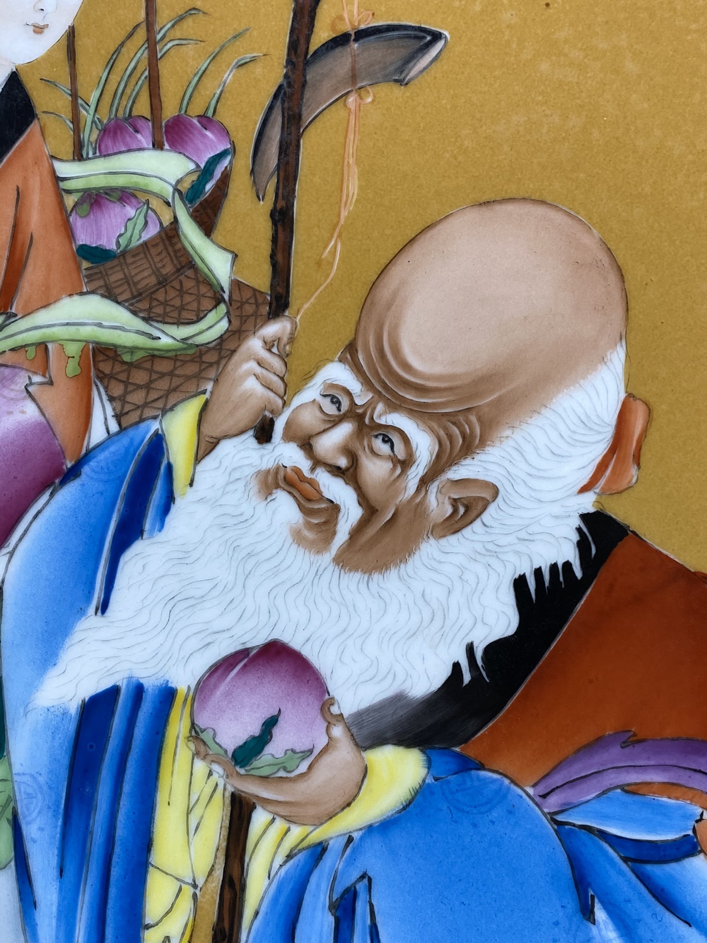 郎世宁作品红木镶瓷板画麻姑献寿图挂屏 高90厘米