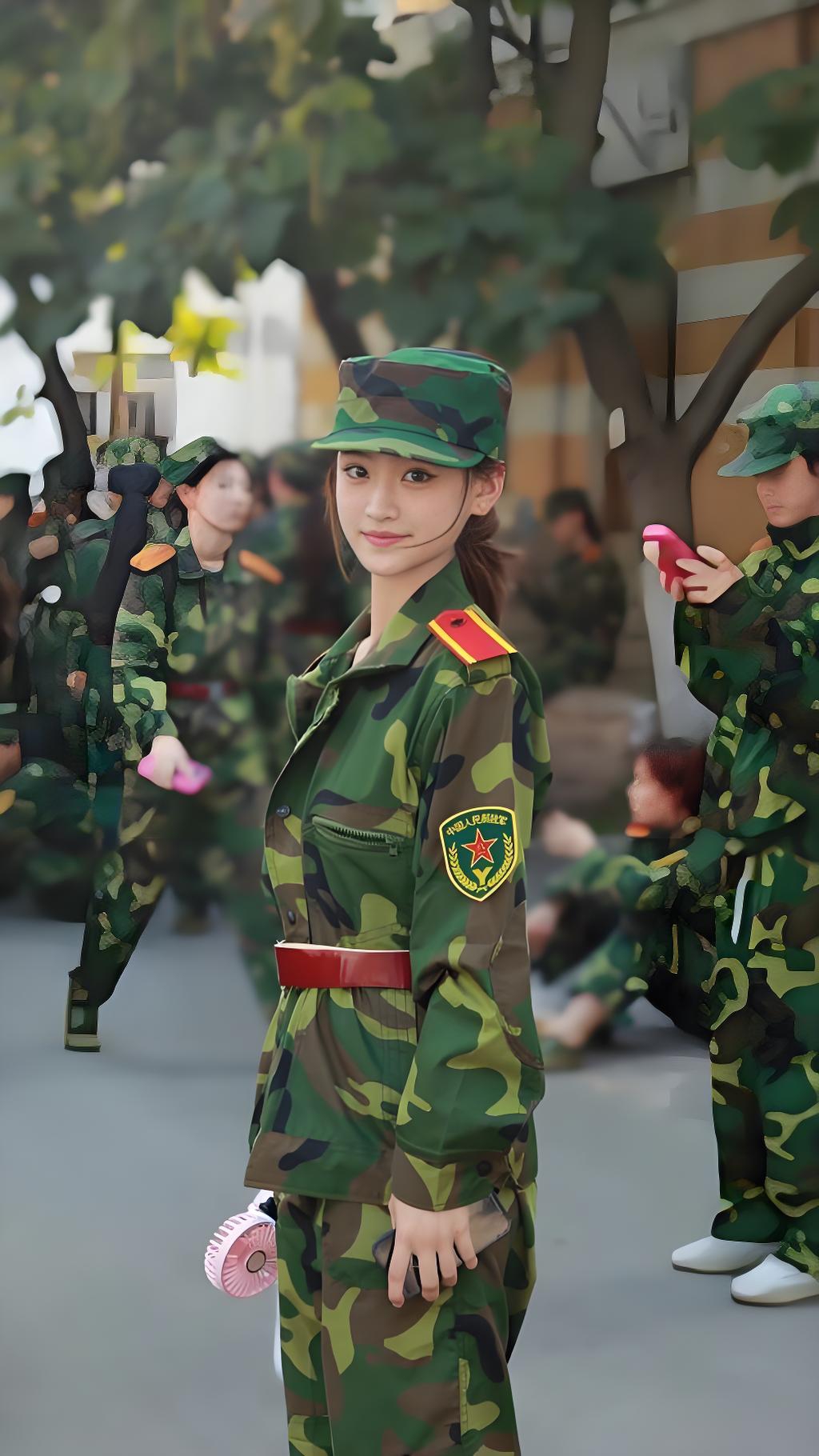 女大学生军训# 九月的阳光依然毒辣,某高校操场上此起彼伏的 口号声