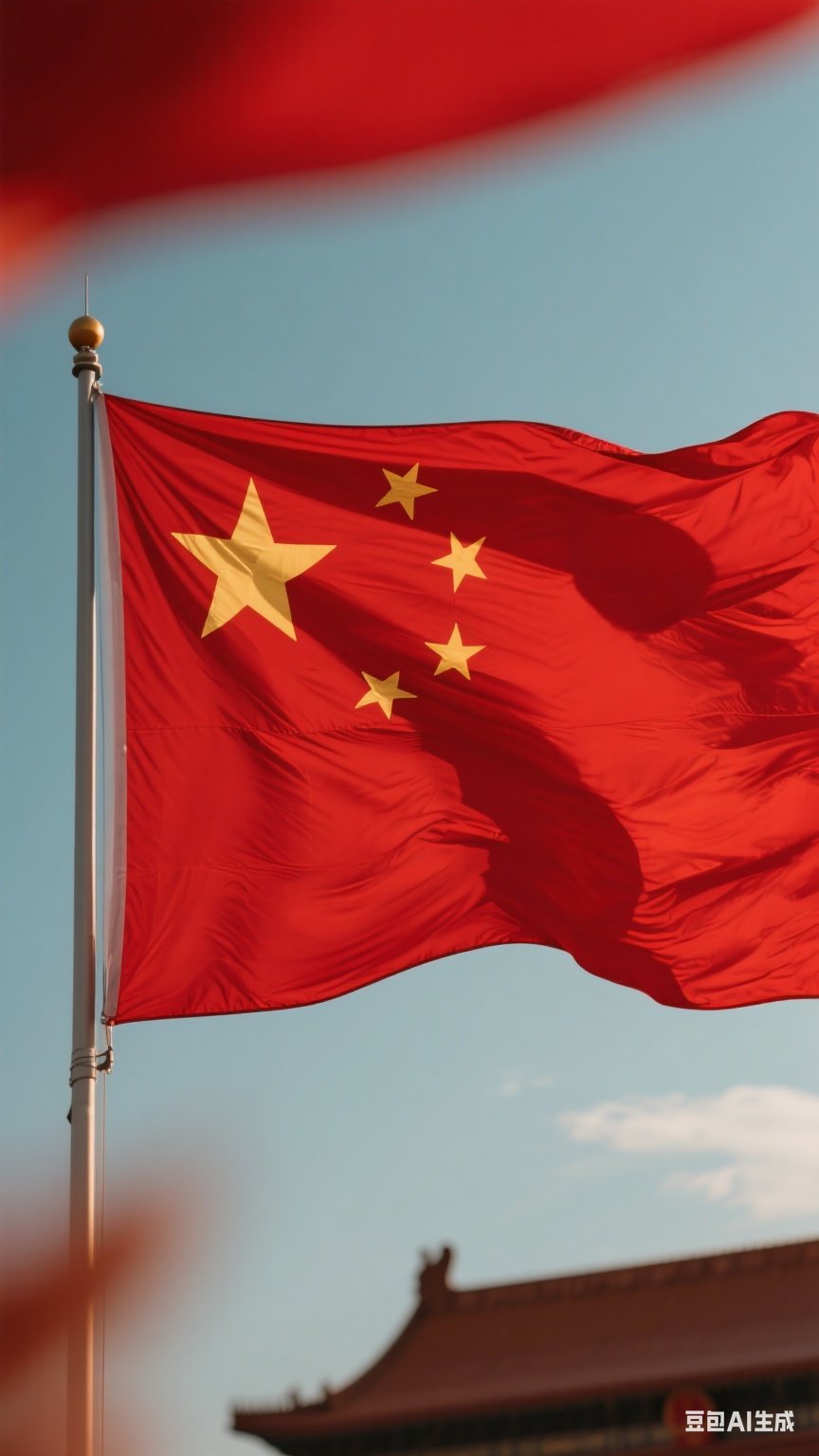 红霞映红旗,五星耀苍穹,家国情怀满心间,愿山河常安,岁月温柔以待