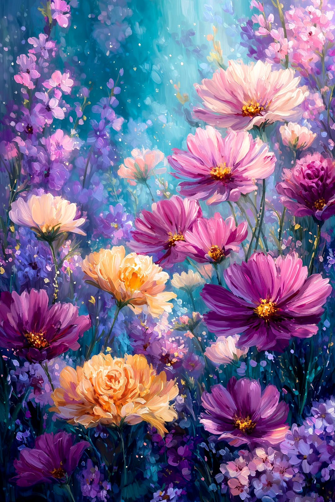 作者用细腻的笔触描绘了各种色彩盛开的花朵,展现了春天百花齐放的