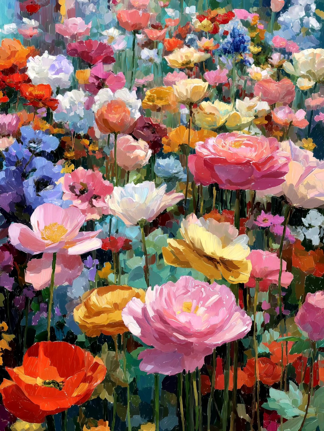 作者用细腻的笔触描绘了各种色彩盛开的花朵,展现了春天百花齐放的