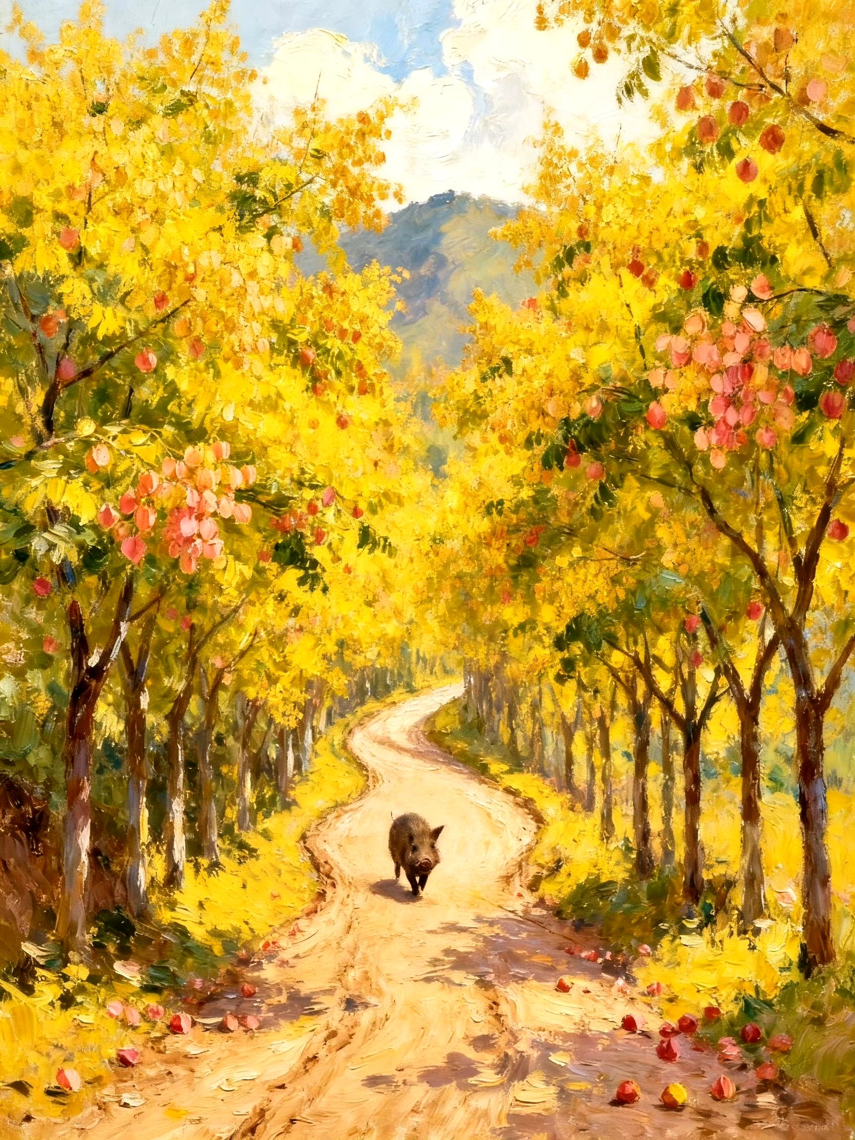 风景绘画作品,由ai生成,描绘了栾树林的四季景色,画面色彩细腻,意境