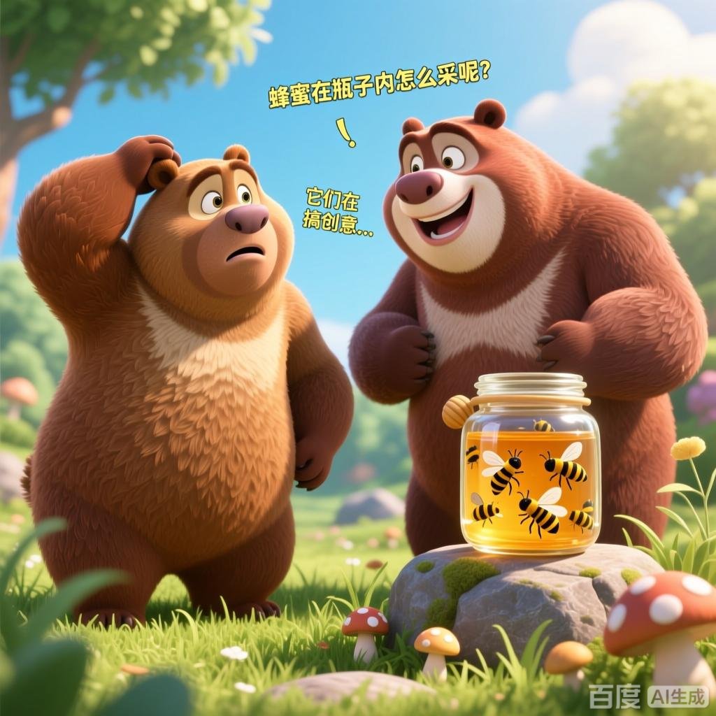 笑话:熊二:蜜蜂在蜜罐飞,咋回事? 熊大:它们在采蜜.嘿嘿嘿!