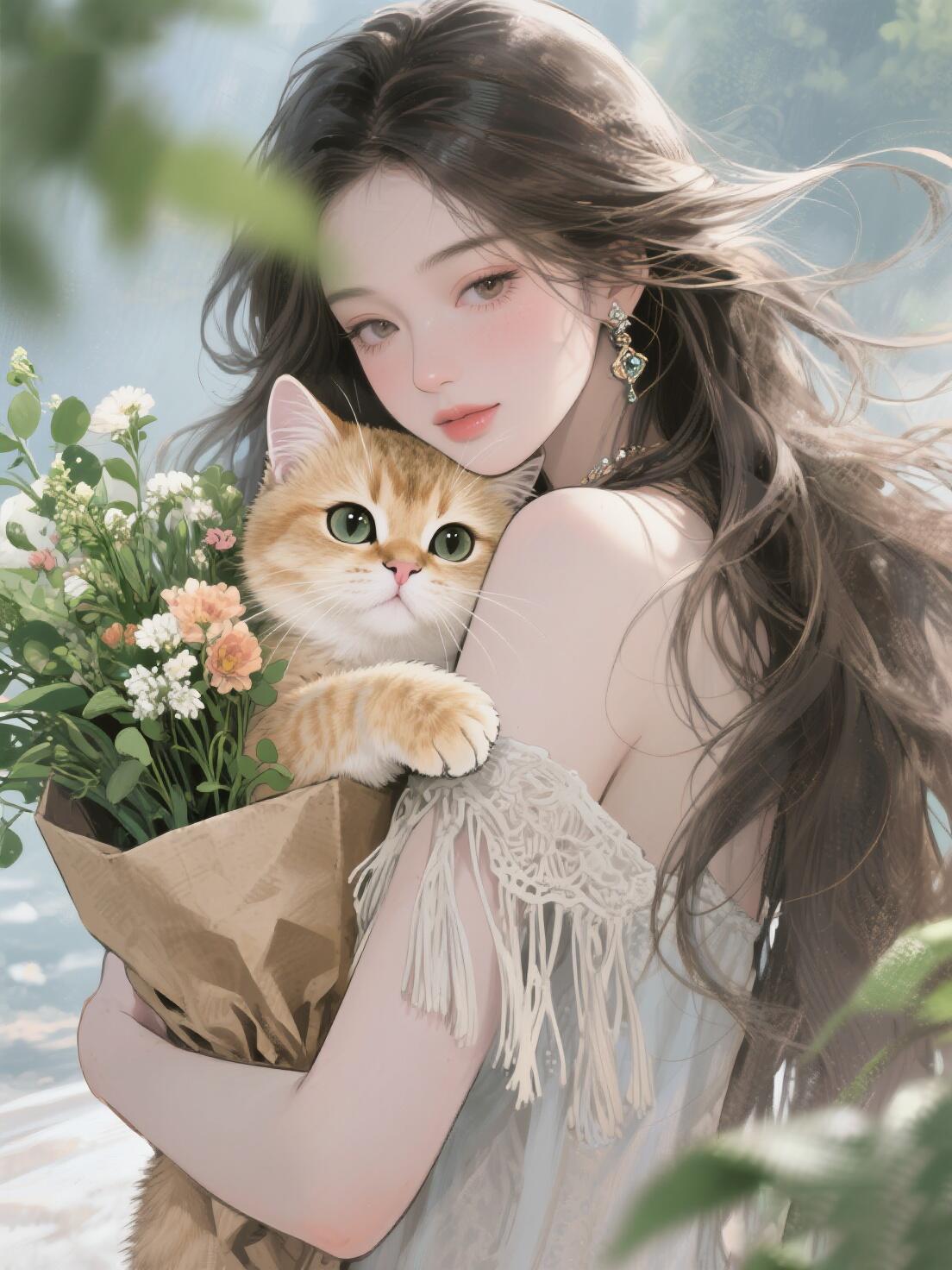 猫咪头像i长发女孩和小猫,水彩手绘插画 春风拂面,花影摇曳,女孩怀中