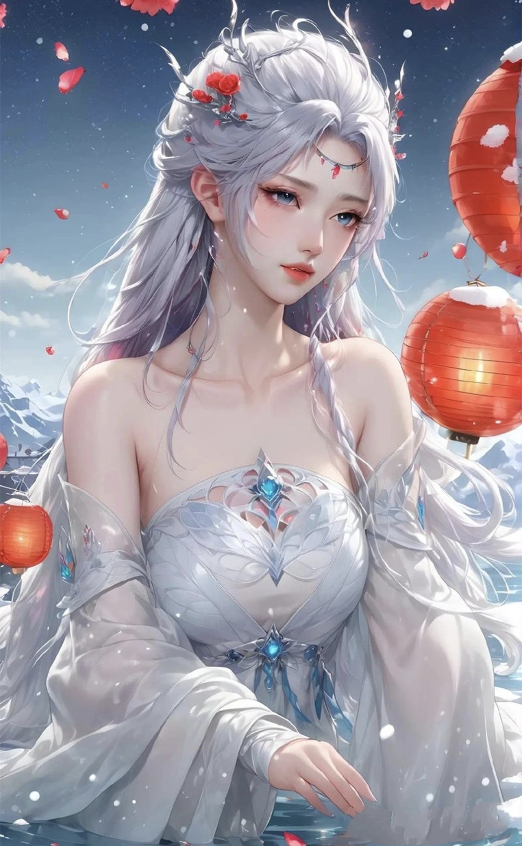 清冷空灵的气质,雪山为幕,花灯作伴,仿佛从画中
