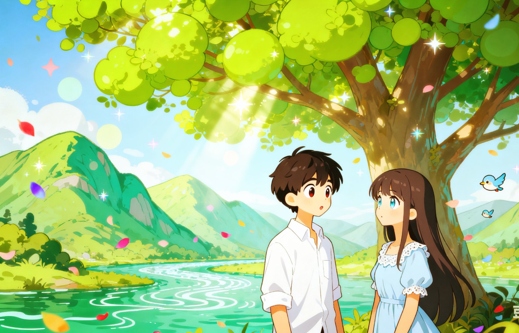 秋日浪漫,情侣树下相拥,花瓣飘落,山川河流作背景,唯美动人