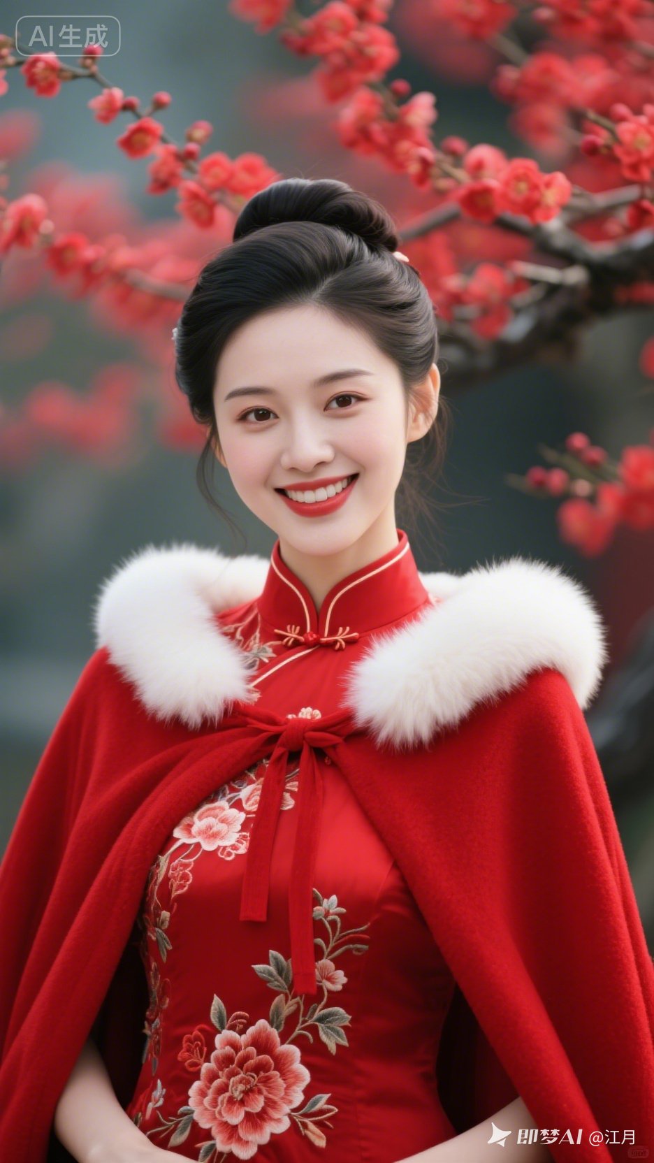 背景中鲜艳梅花盛放,与红装相映,整体画面明艳又雅致,尽显东方美人