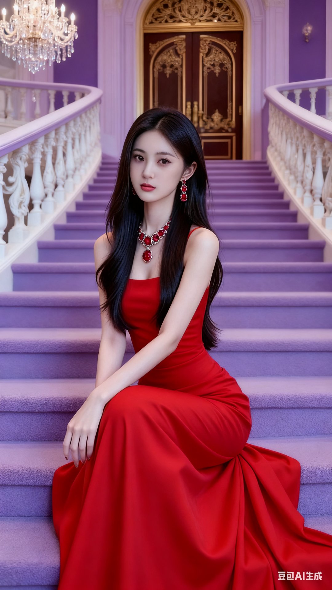 颈间红宝石项链随呼吸轻晃,耳坠与之交相辉映,折射出细碎光芒