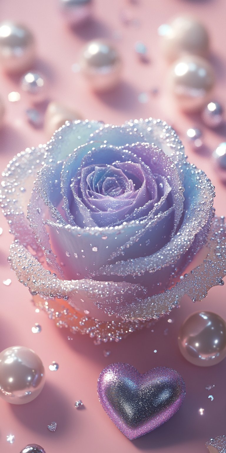 哇,这朵玫瑰闪耀着爱的光芒,珍珠和心形装饰让它更显浪漫魅力!