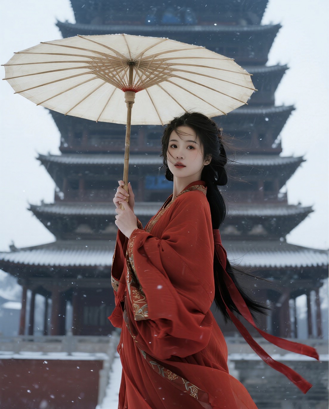 雪中漫步,红衣翩翩,伞下佳人似从古画中来