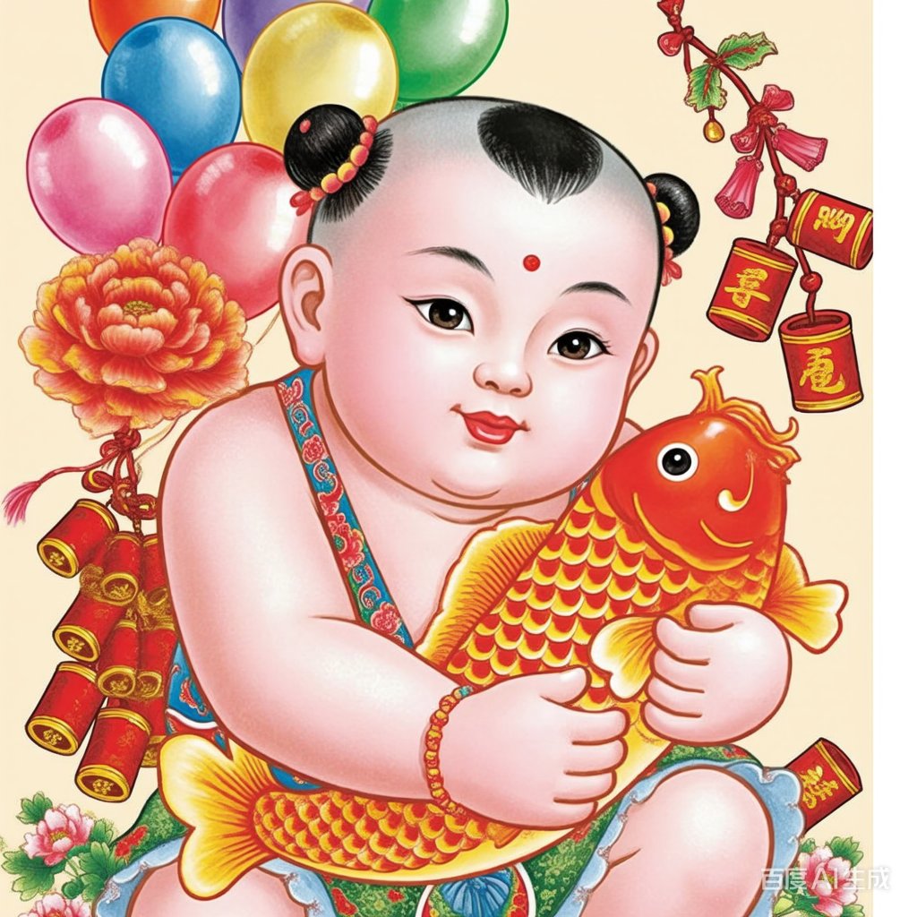 这幅色彩鲜艳的传统胖娃抱鱼年画,寓意满满