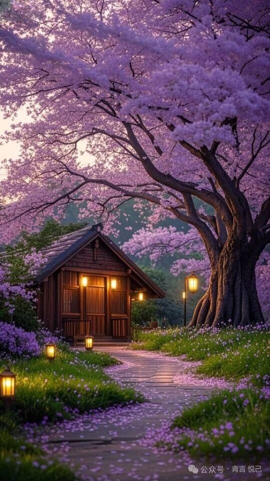 漫步在春日樱花林,小木屋前,灯火阑珊处,仿佛走进了宫崎骏的童话世界