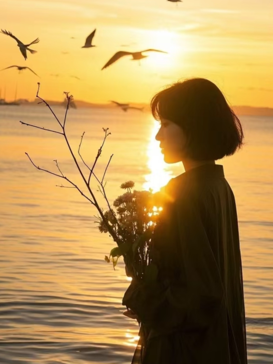 余晖给她的短发镀上金边,裙角随海风轻扬,手中花束的明黄与橘红,和