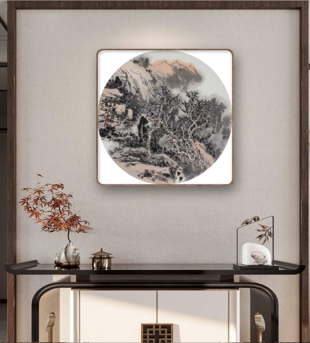 山水画# 《秋涧》国画,画芯尺寸:直径50cm,室内场景布置效果