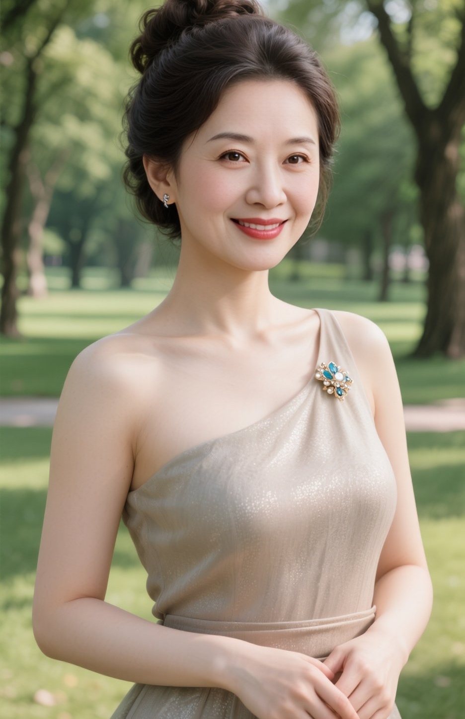 穿着的旗袍上还别着一朵小花别针,真是美丽动人