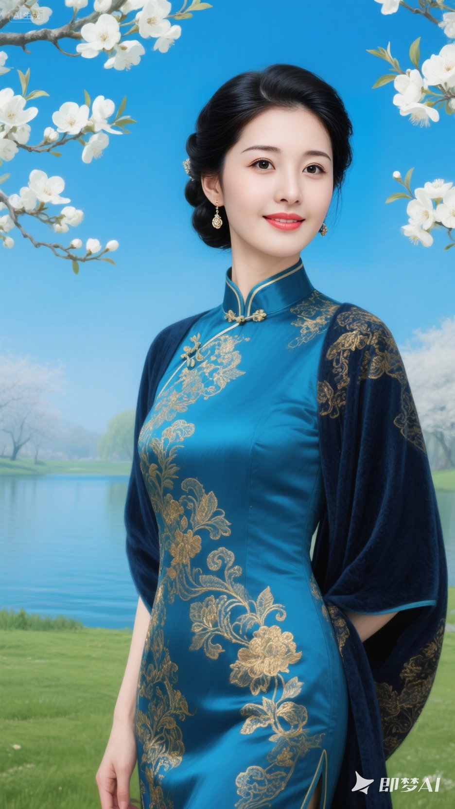 改成大笔迹油画,中国美女,孔雀蓝色旗袍,金丝高档刺绣深色披肩,优雅