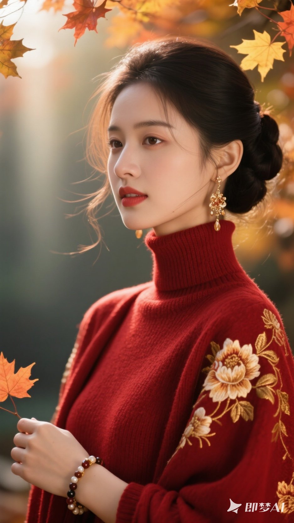 顶级绝世美女 年轻女子,红色高领毛衣,暗红色带金色花朵刺绣披肩,盘发