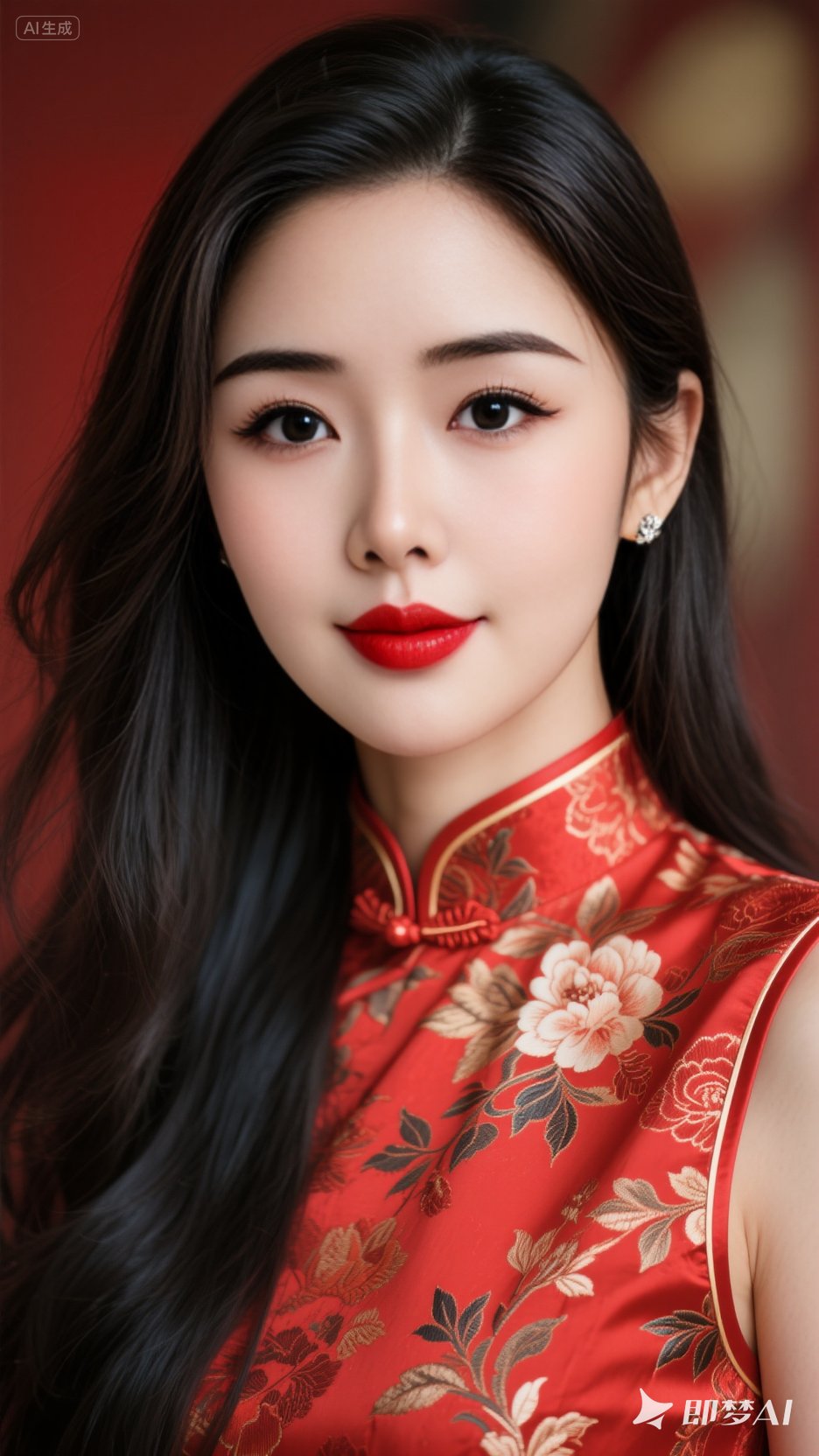 美女,长卷发,红色印花旗袍,明亮大眼睛,专业真人写真摄影,脸部特写
