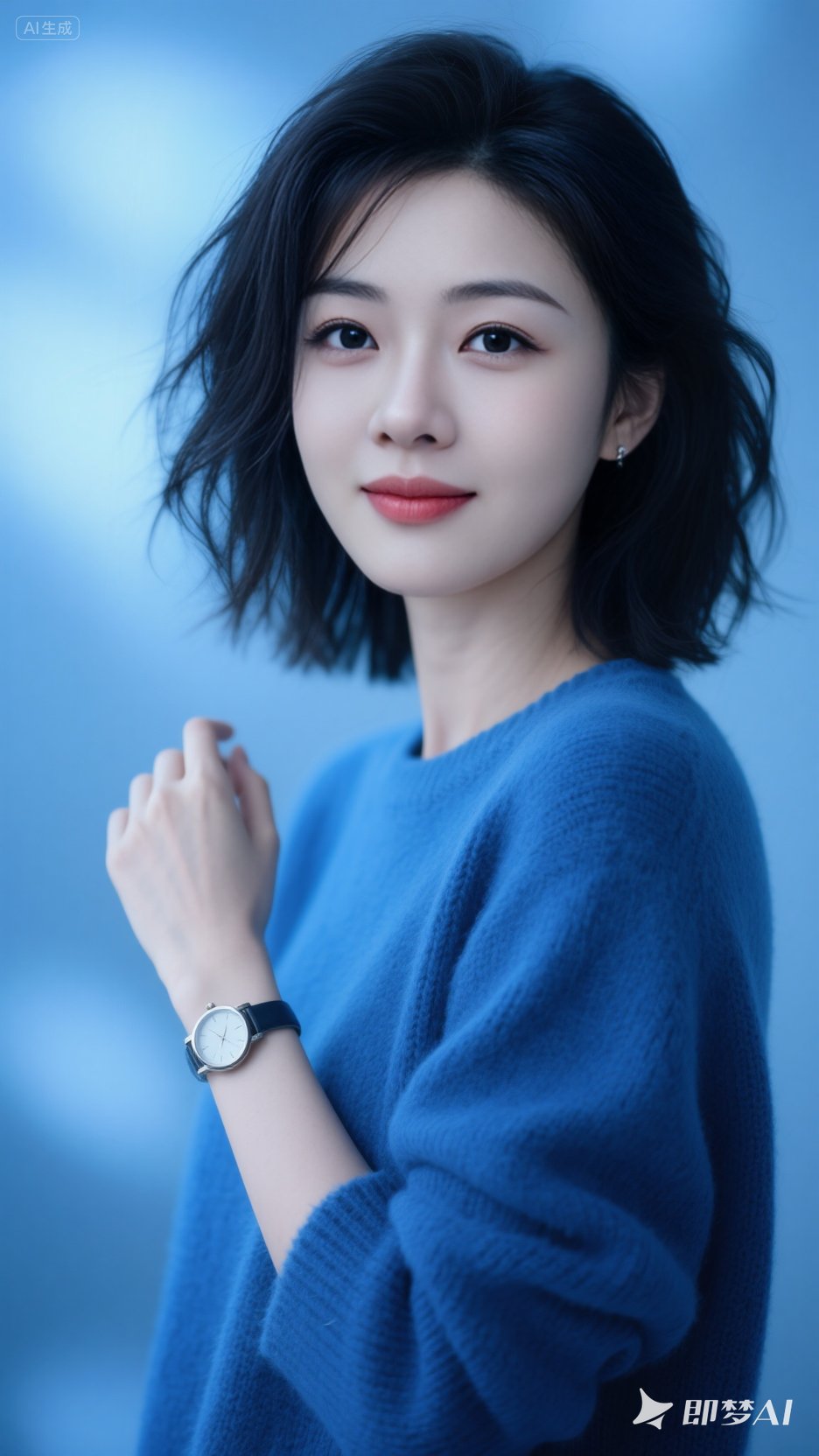 黑发蓬松微分碎盖,简洁的蓝色宽松毛衣,青春帅气的时尚美女,侧身微微