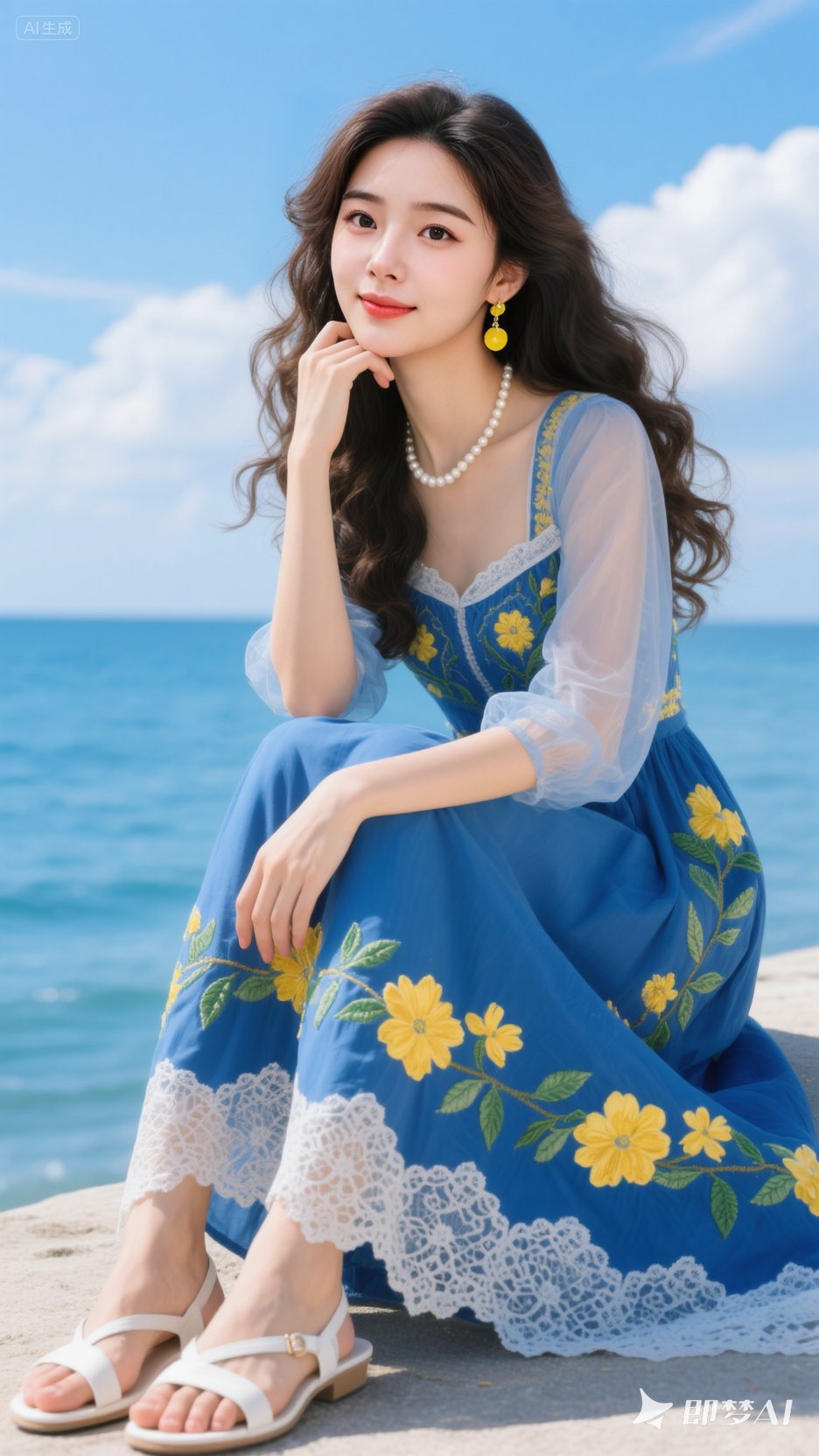 一位东方女子以坐姿呈现,一只手托脸,一只手放膝盖上,身着宝蓝色刺绣