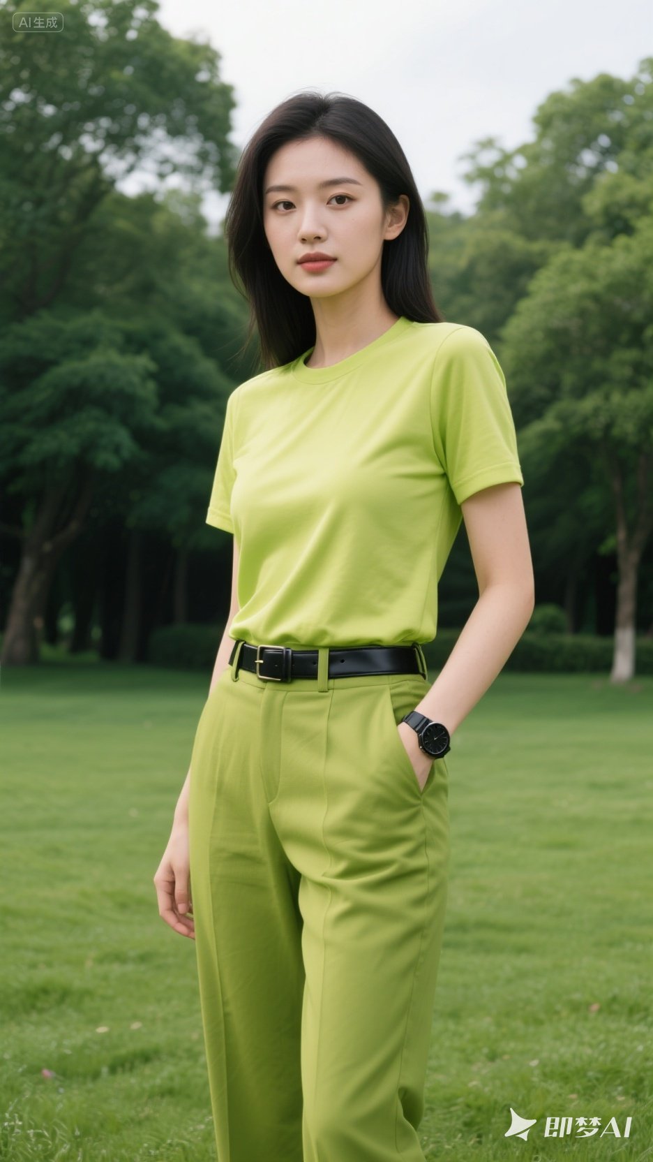 美女穿着黄绿色短袖,搭配黄绿色长裤,腰间系着黑色皮带,左手腕戴着一