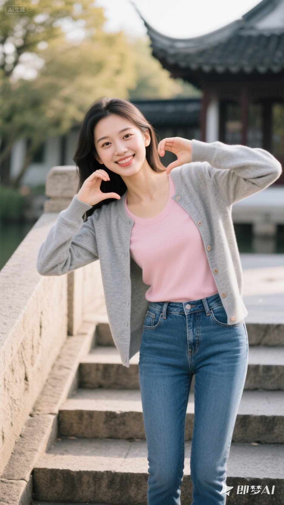 一位华人青年女子,穿着浅灰色中款开衫,内搭淡粉色圆领衫,蓝色紧身