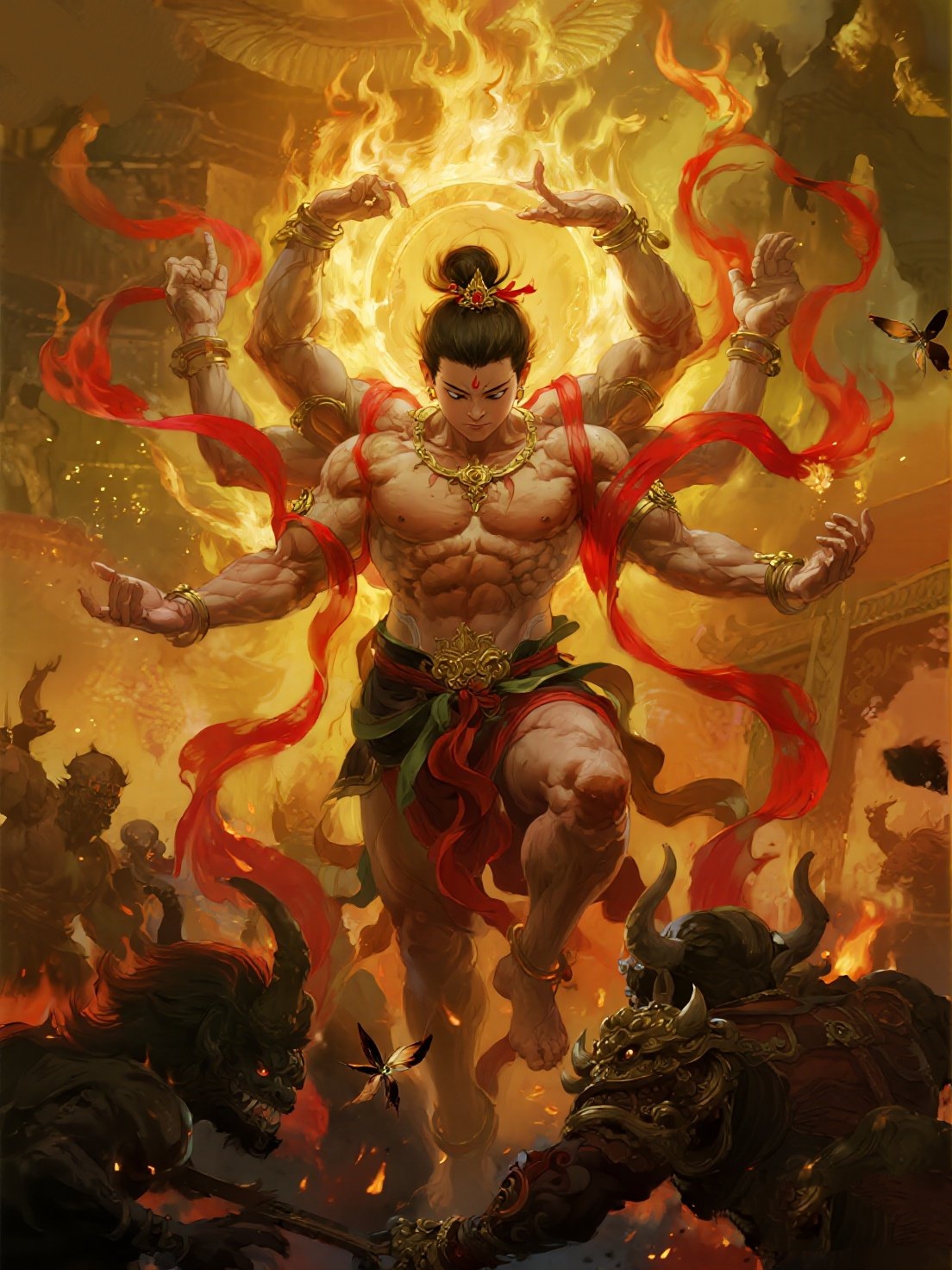 八臂哪吒现出真身,金焰缭绕如烈阳当空.火光冲天数十丈,映红三里苍穹